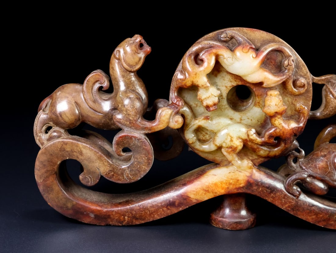 Old Hetian Jade Four Mythology Beast Belt Buckle Statue - 8