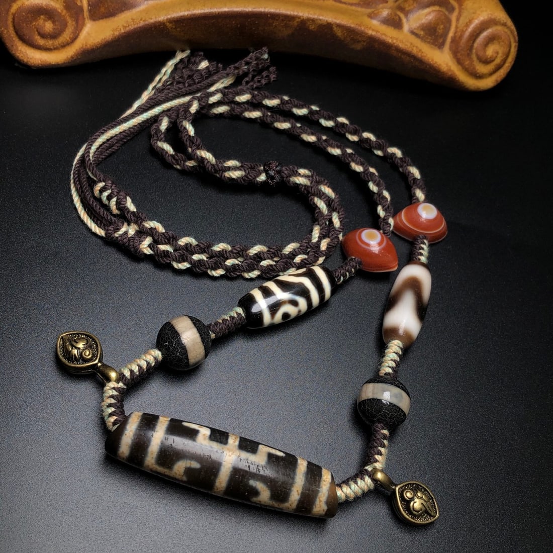 Hand-Woven Old Tibetan DZI Agate Necklace - 2