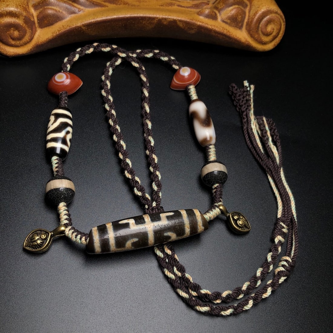 Hand-Woven Old Tibetan DZI Agate Necklace - 3