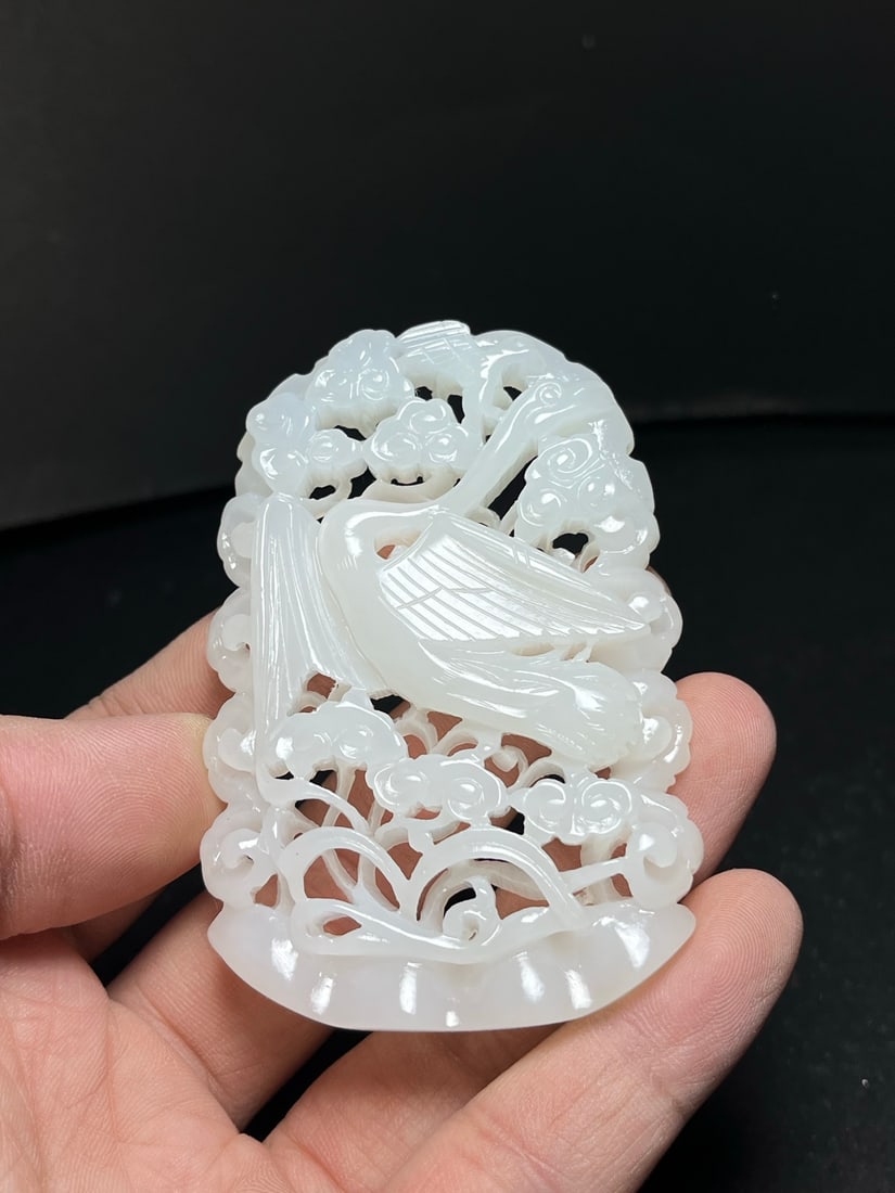 Openwork Natural White Hetian Jade Crane Pendant - 8