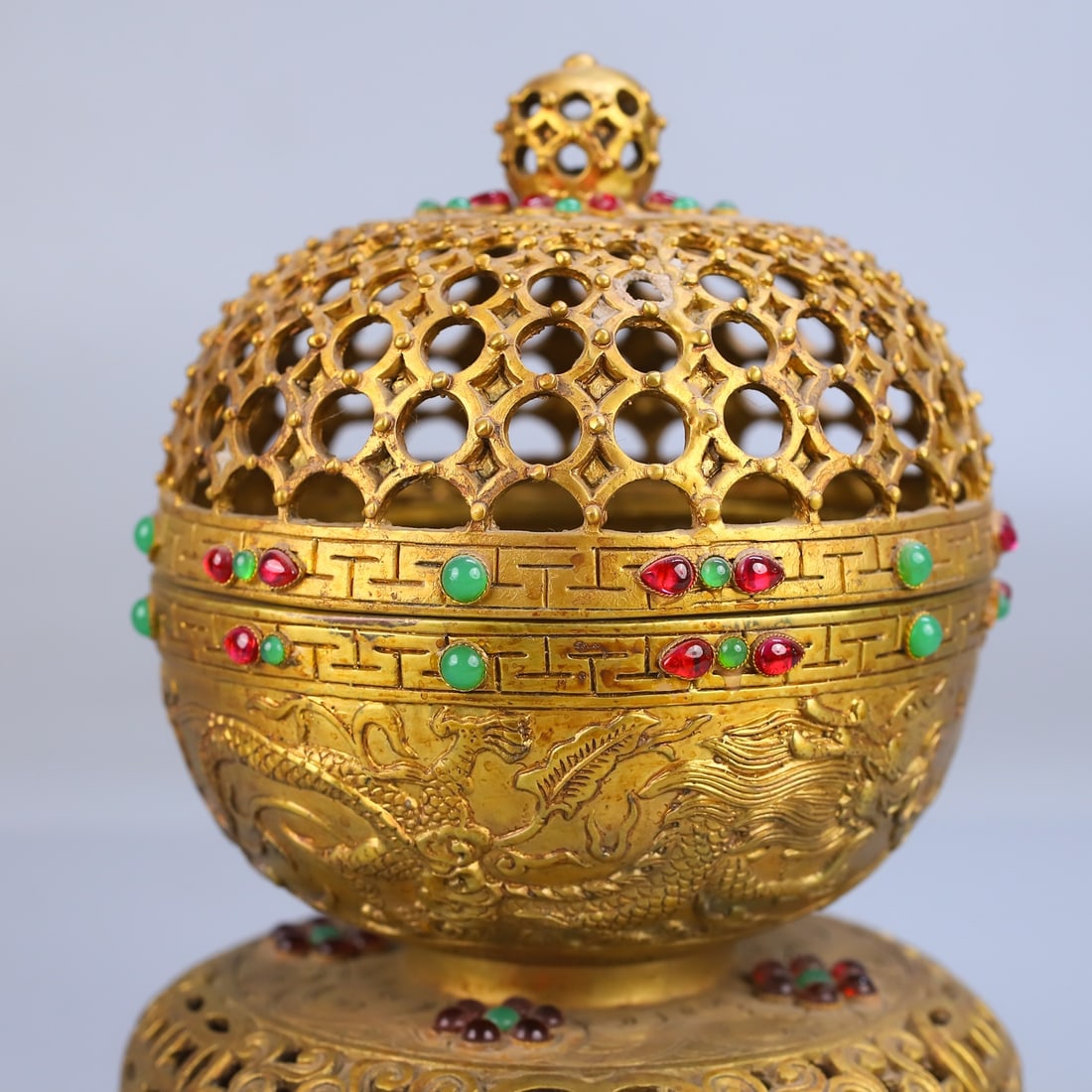 Gilt Gold Bronze Inlay Gem Incense Burner - 2