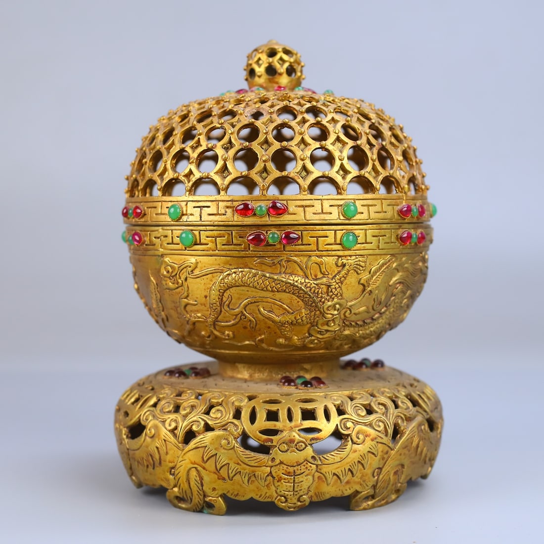 Gilt Gold Bronze Inlay Gem Incense Burner - 3