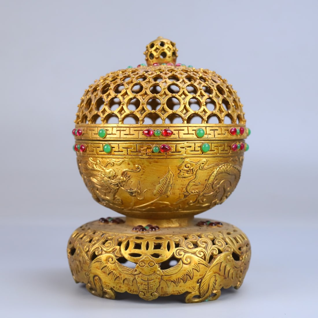 Gilt Gold Bronze Inlay Gem Incense Burner - 4