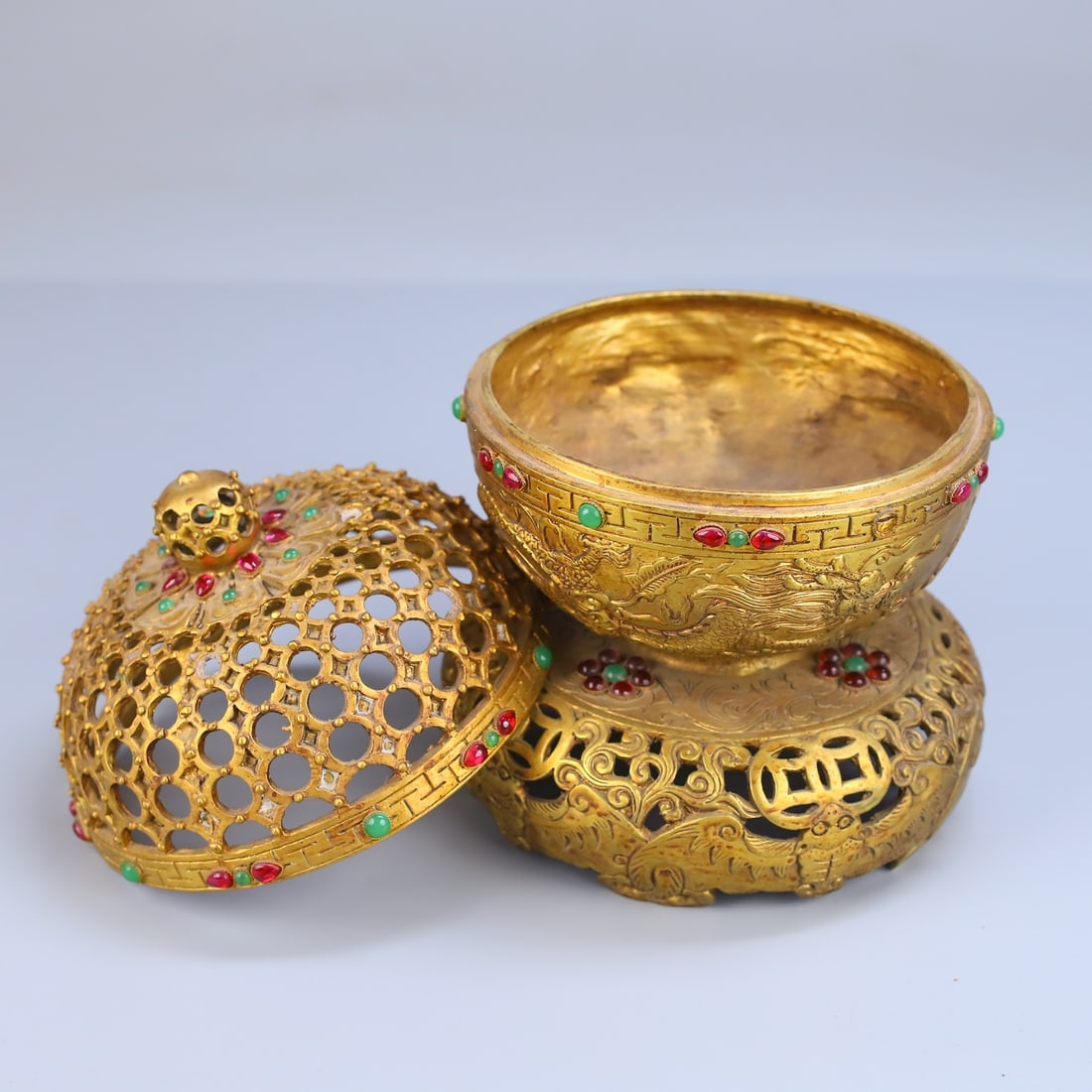 Gilt Gold Bronze Inlay Gem Incense Burner - 5