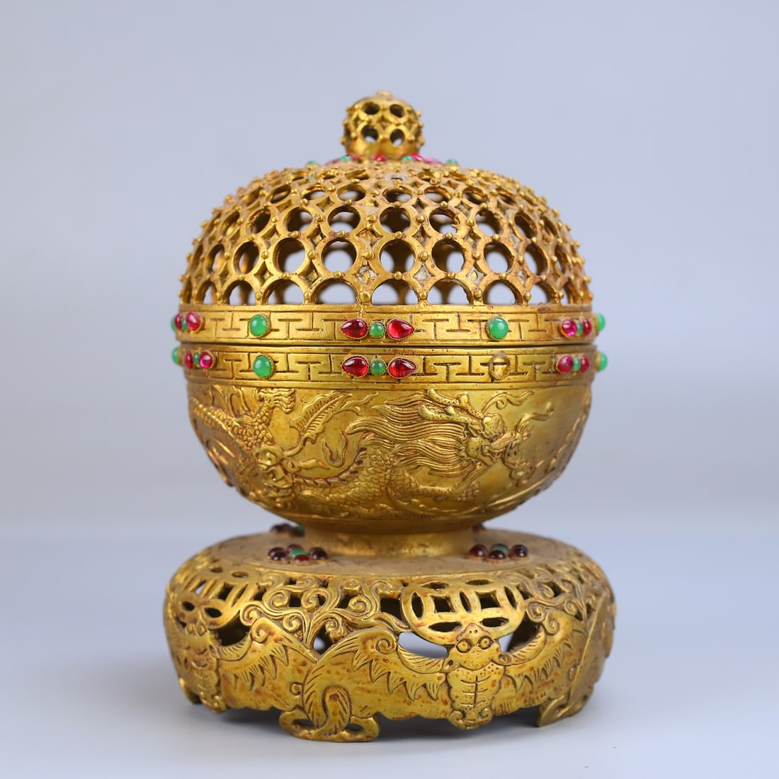 Gilt Gold Bronze Inlay Gem Incense Burner - 8