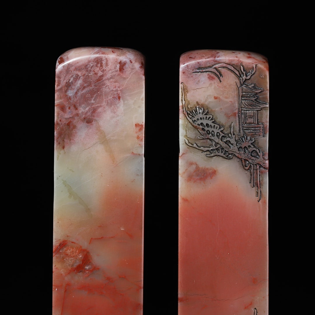 Two Shoushan Stone Carved Sages Seal Statue w Box - 2