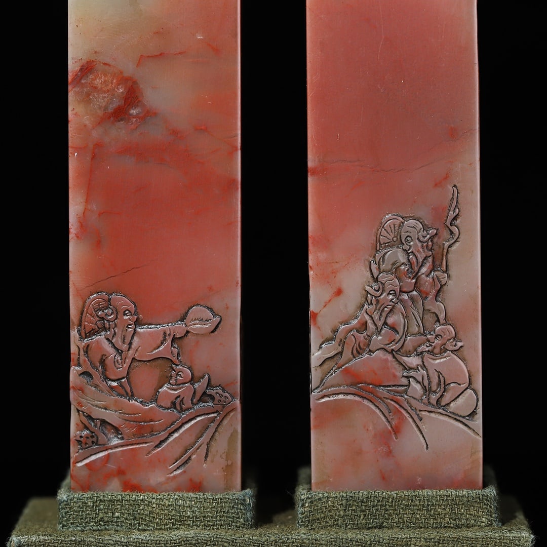 Two Shoushan Stone Carved Sages Seal Statue w Box - 3