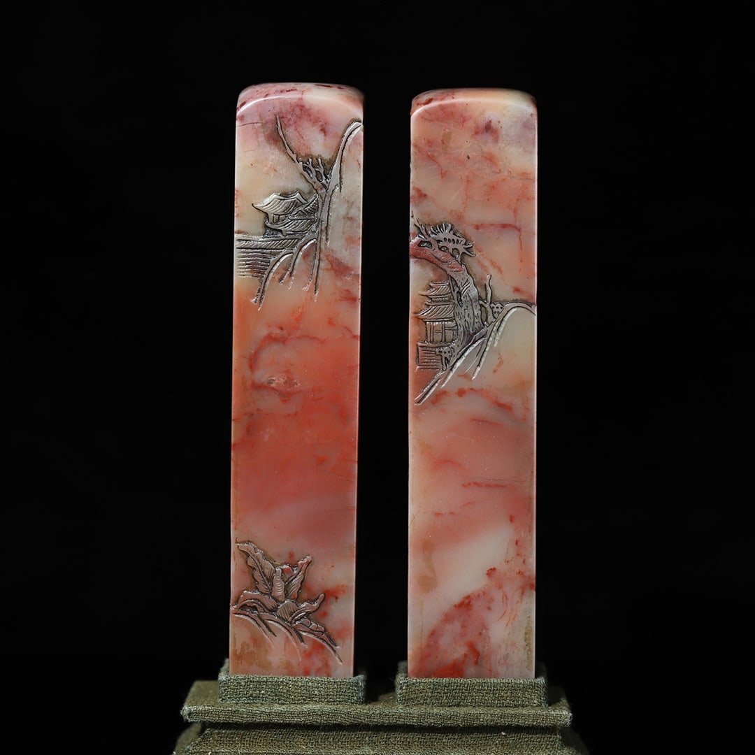 Two Shoushan Stone Carved Sages Seal Statue w Box - 4