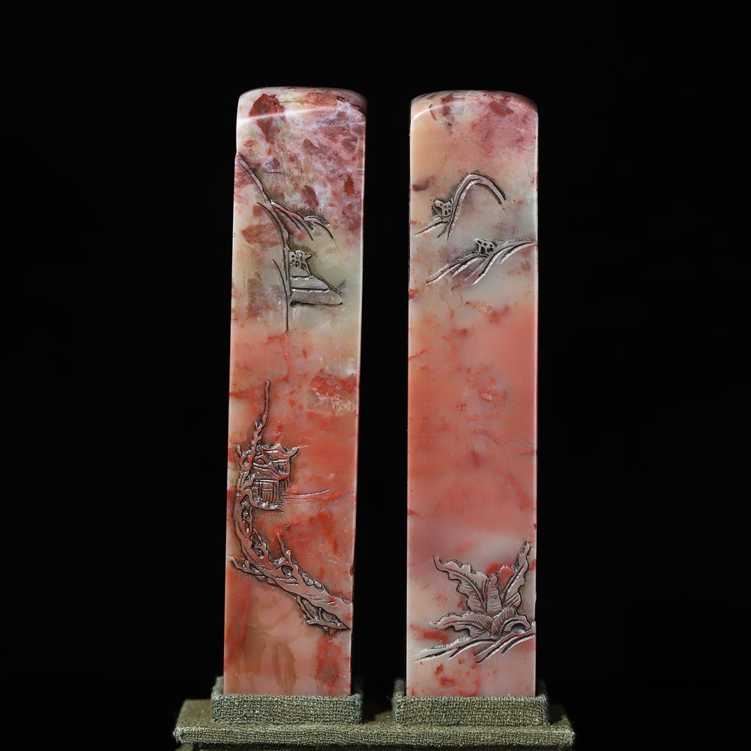 Two Shoushan Stone Carved Sages Seal Statue w Box - 7