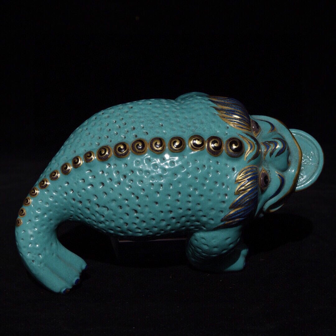 Vintage Gilt Gold Turquoise Glaze Porcelain Fortune Toad Statue - 5