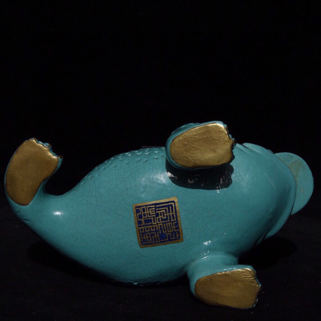 Vintage Gilt Gold Turquoise Glaze Porcelain Fortune Toad Statue - 9