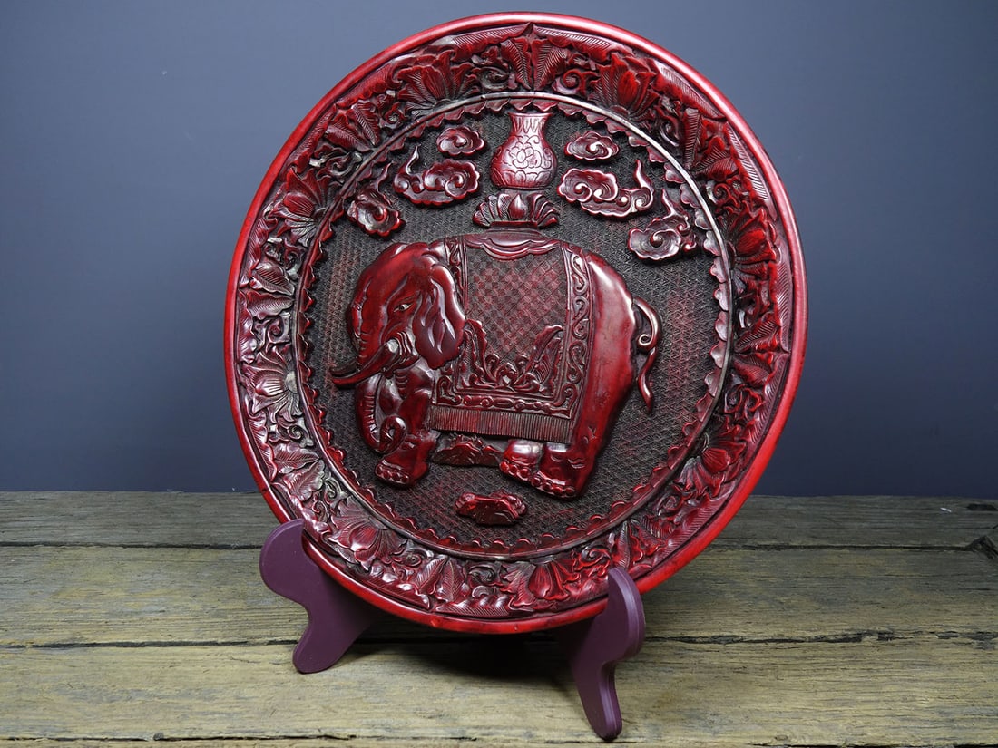 Old Red Lacquerware Carved Elephant Plate - 6