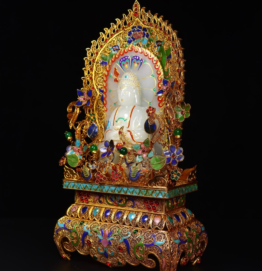 Excellent Chinese Gold Wires Enamel Inlay Hetian Jade Kwan-yin Statue - 3