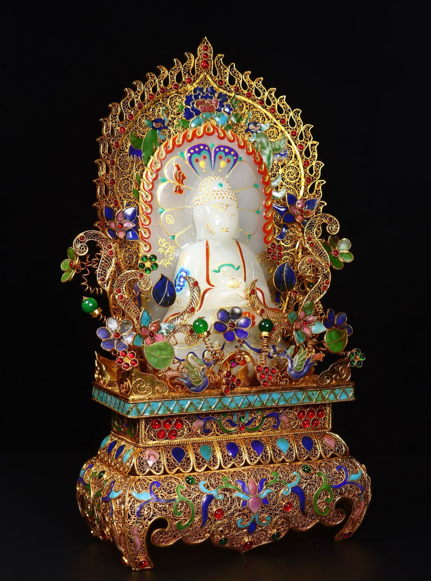 Excellent Chinese Gold Wires Enamel Inlay Hetian Jade Kwan-yin Statue - 4