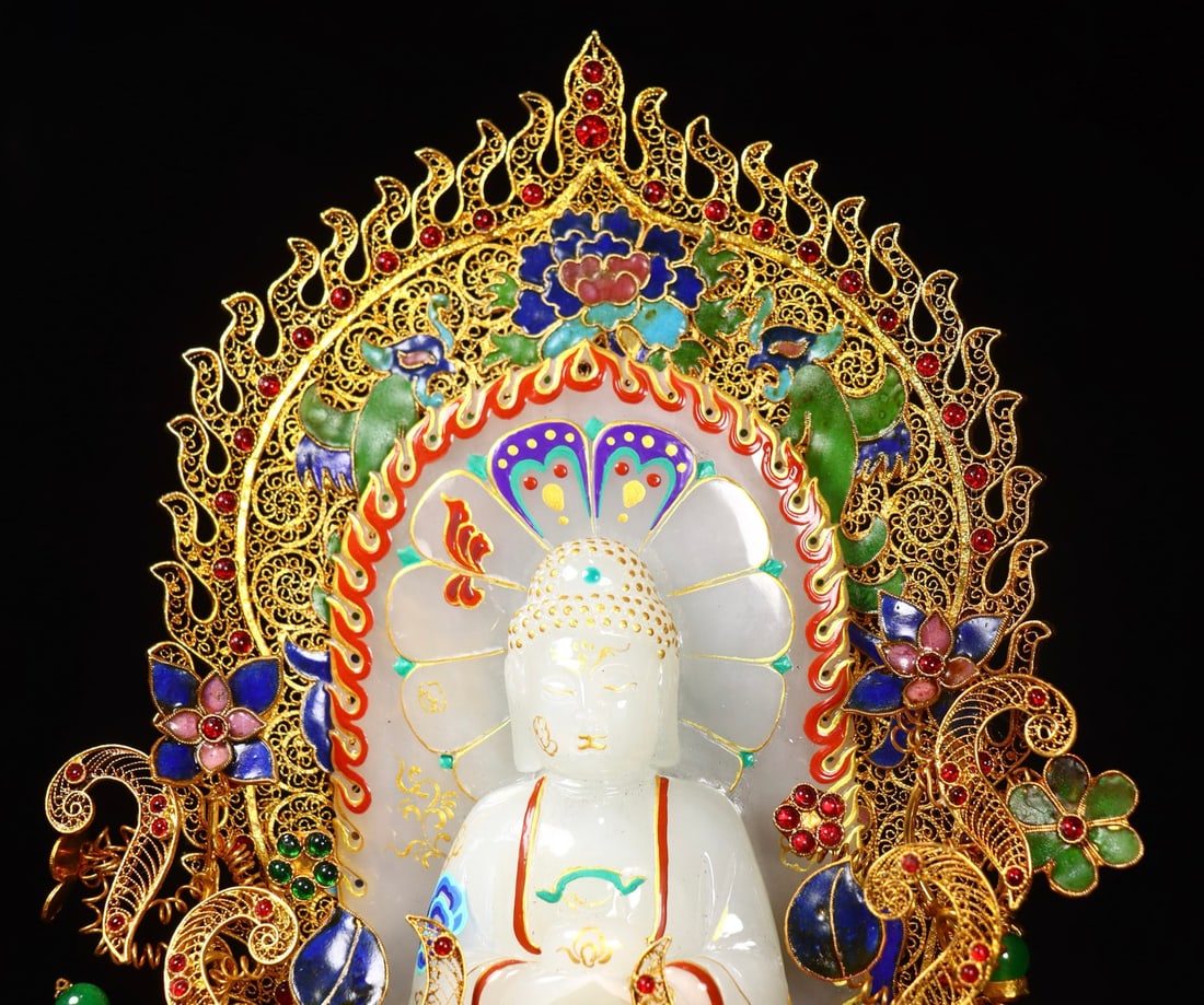 Excellent Chinese Gold Wires Enamel Inlay Hetian Jade Kwan-yin Statue - 5
