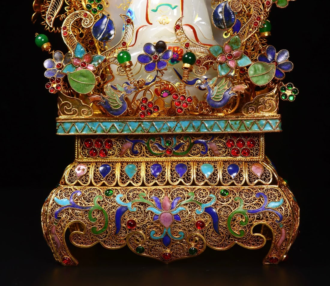 Excellent Chinese Gold Wires Enamel Inlay Hetian Jade Kwan-yin Statue - 9