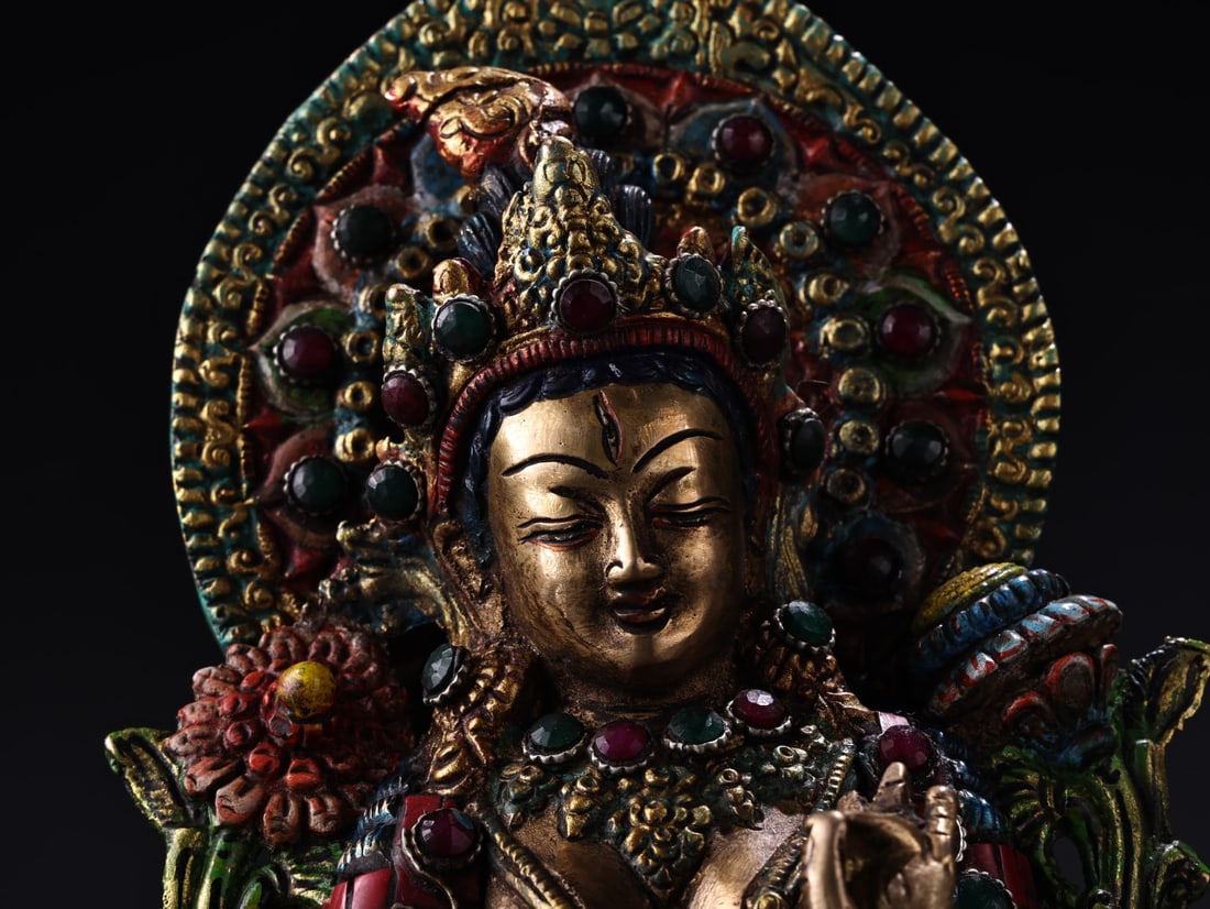 Old Tibetan Gilt Gold Bronze Inlay Turquoise & Gem White Tara Statue - 2