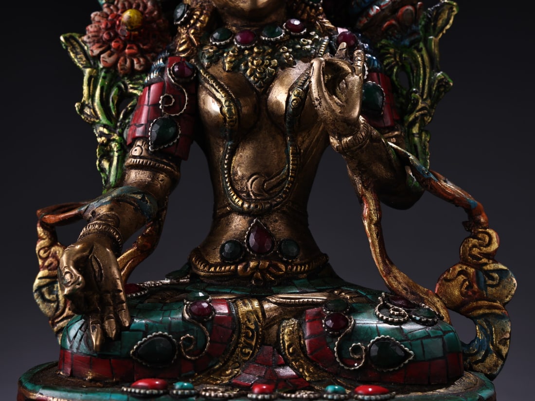 Old Tibetan Gilt Gold Bronze Inlay Turquoise & Gem White Tara Statue - 3