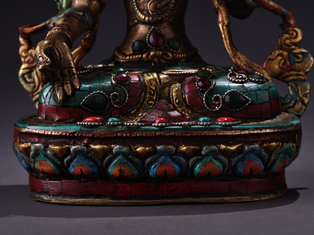 Old Tibetan Gilt Gold Bronze Inlay Turquoise & Gem White Tara Statue - 4