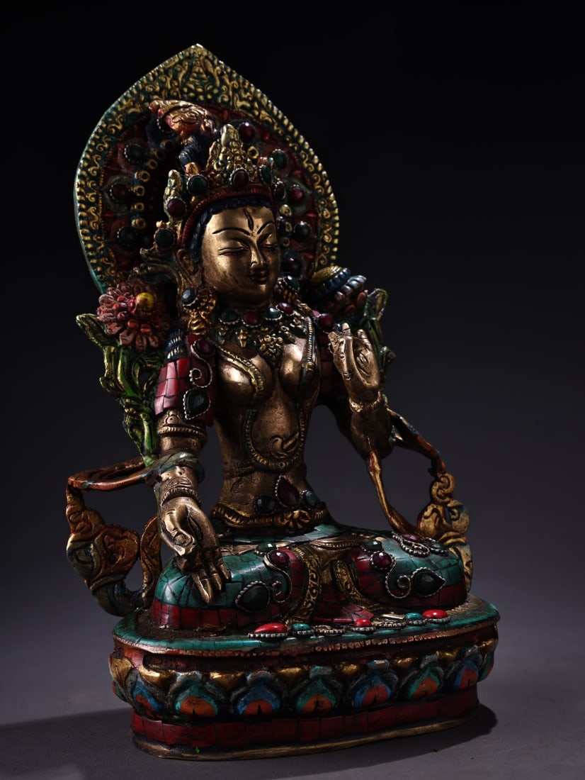 Old Tibetan Gilt Gold Bronze Inlay Turquoise & Gem White Tara Statue - 5