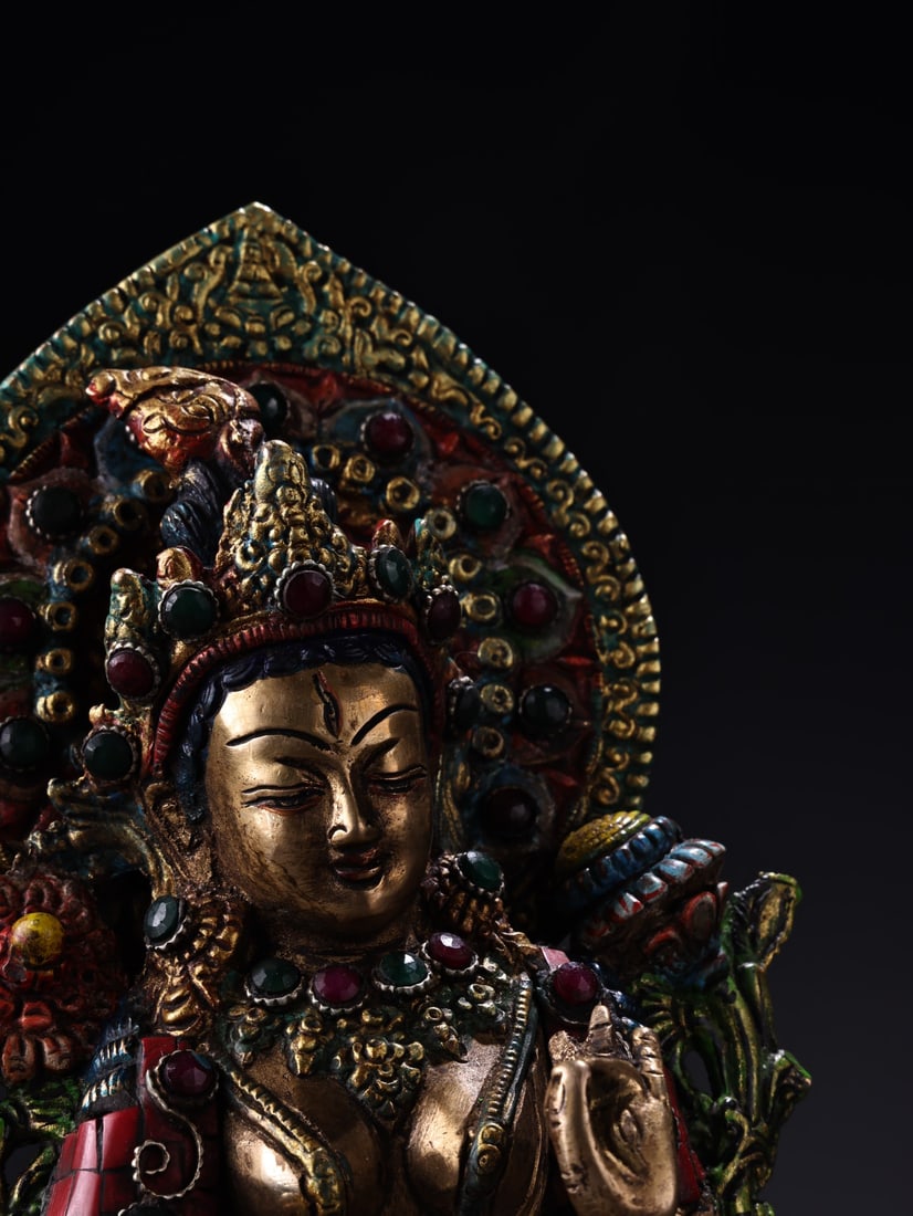 Old Tibetan Gilt Gold Bronze Inlay Turquoise & Gem White Tara Statue - 6
