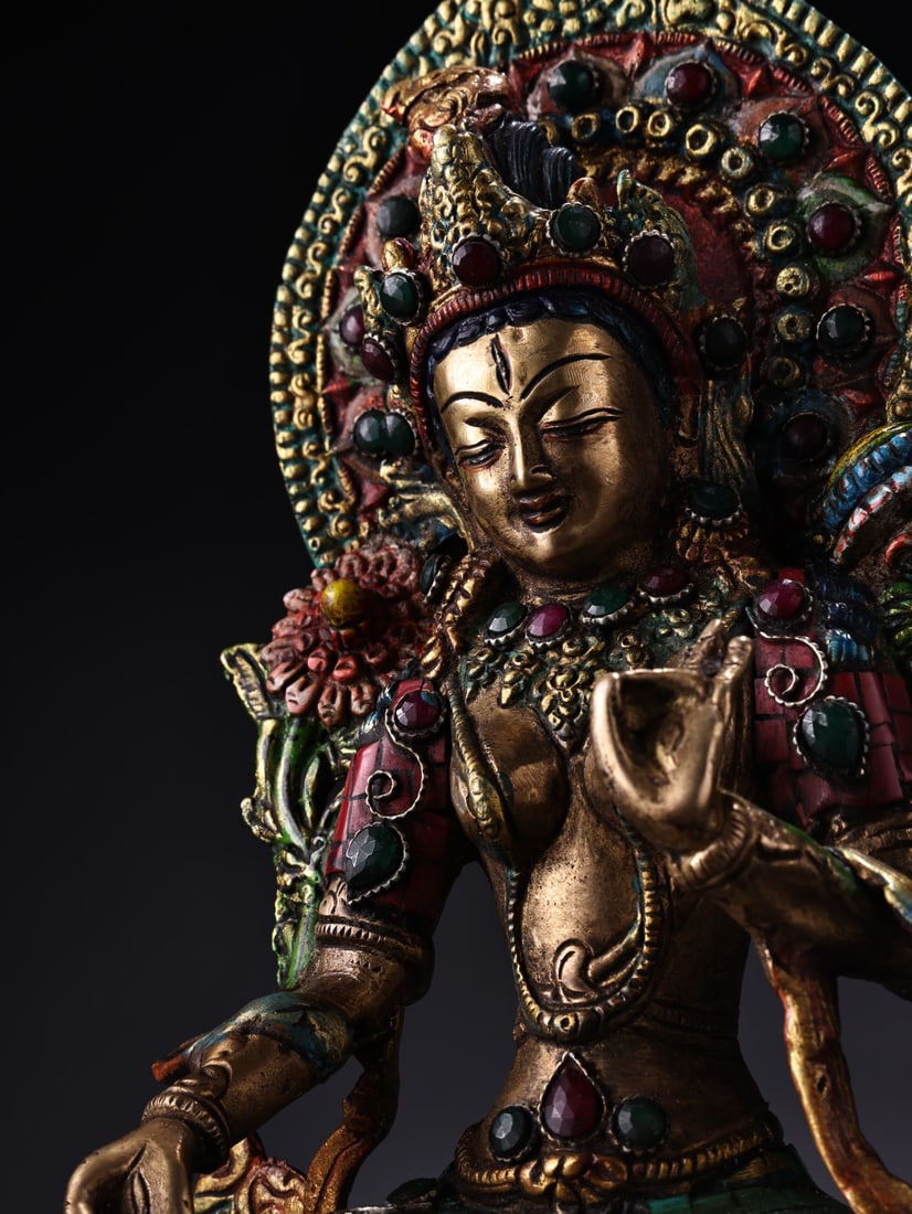 Old Tibetan Gilt Gold Bronze Inlay Turquoise & Gem White Tara Statue - 7