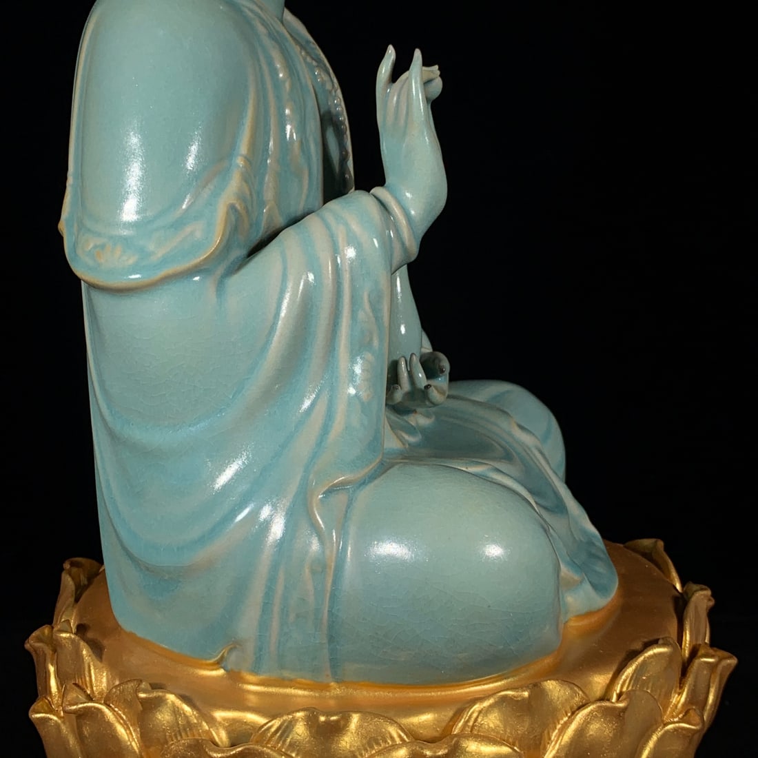 Gilt Gold Ru Kiln Porcelain Lotus Kwan-yin Statue - 10
