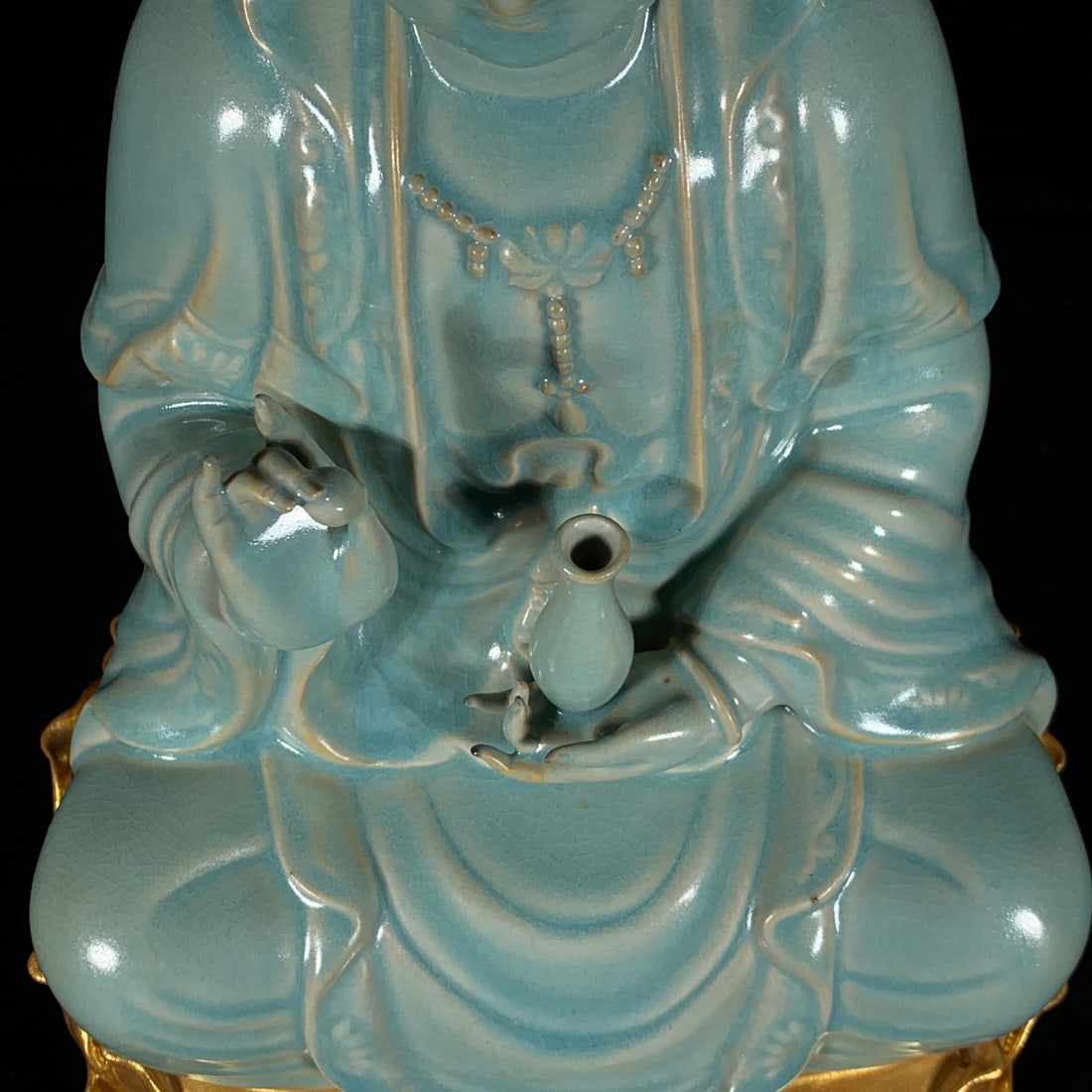 Gilt Gold Ru Kiln Porcelain Lotus Kwan-yin Statue - 11