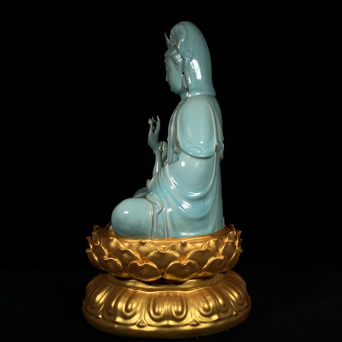 Gilt Gold Ru Kiln Porcelain Lotus Kwan-yin Statue - 2
