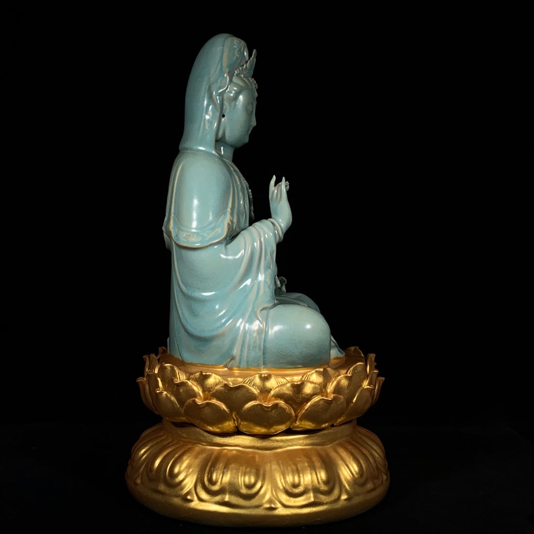 Gilt Gold Ru Kiln Porcelain Lotus Kwan-yin Statue - 4