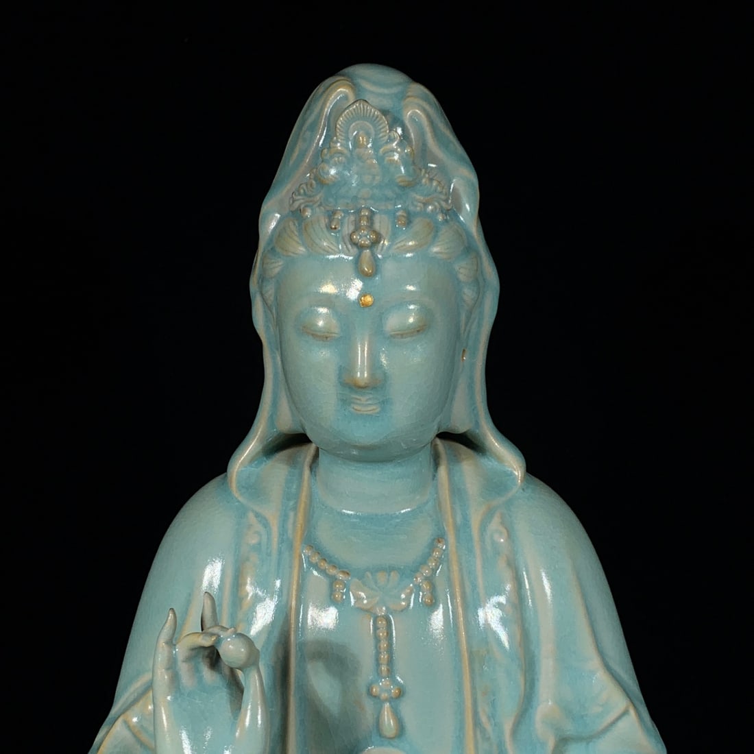Gilt Gold Ru Kiln Porcelain Lotus Kwan-yin Statue - 5