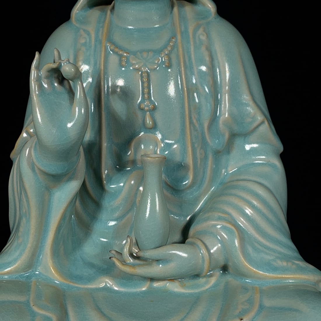 Gilt Gold Ru Kiln Porcelain Lotus Kwan-yin Statue - 6