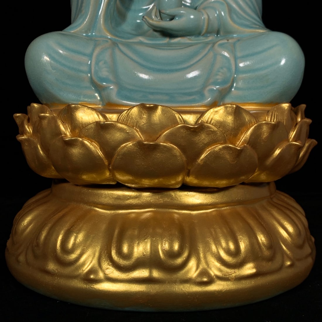 Gilt Gold Ru Kiln Porcelain Lotus Kwan-yin Statue - 7