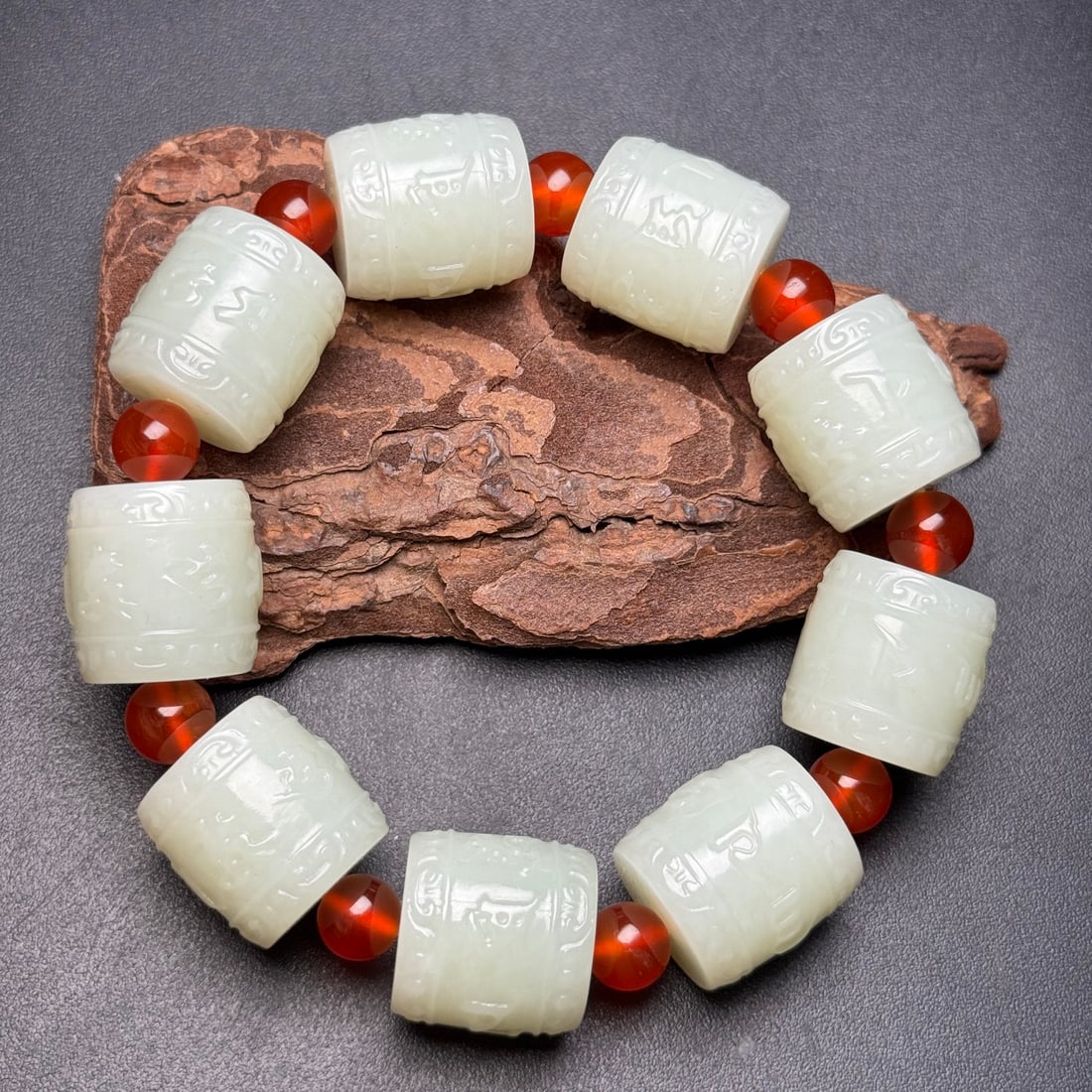 Old Hetian Jade & Red Agate Bracelet - 2