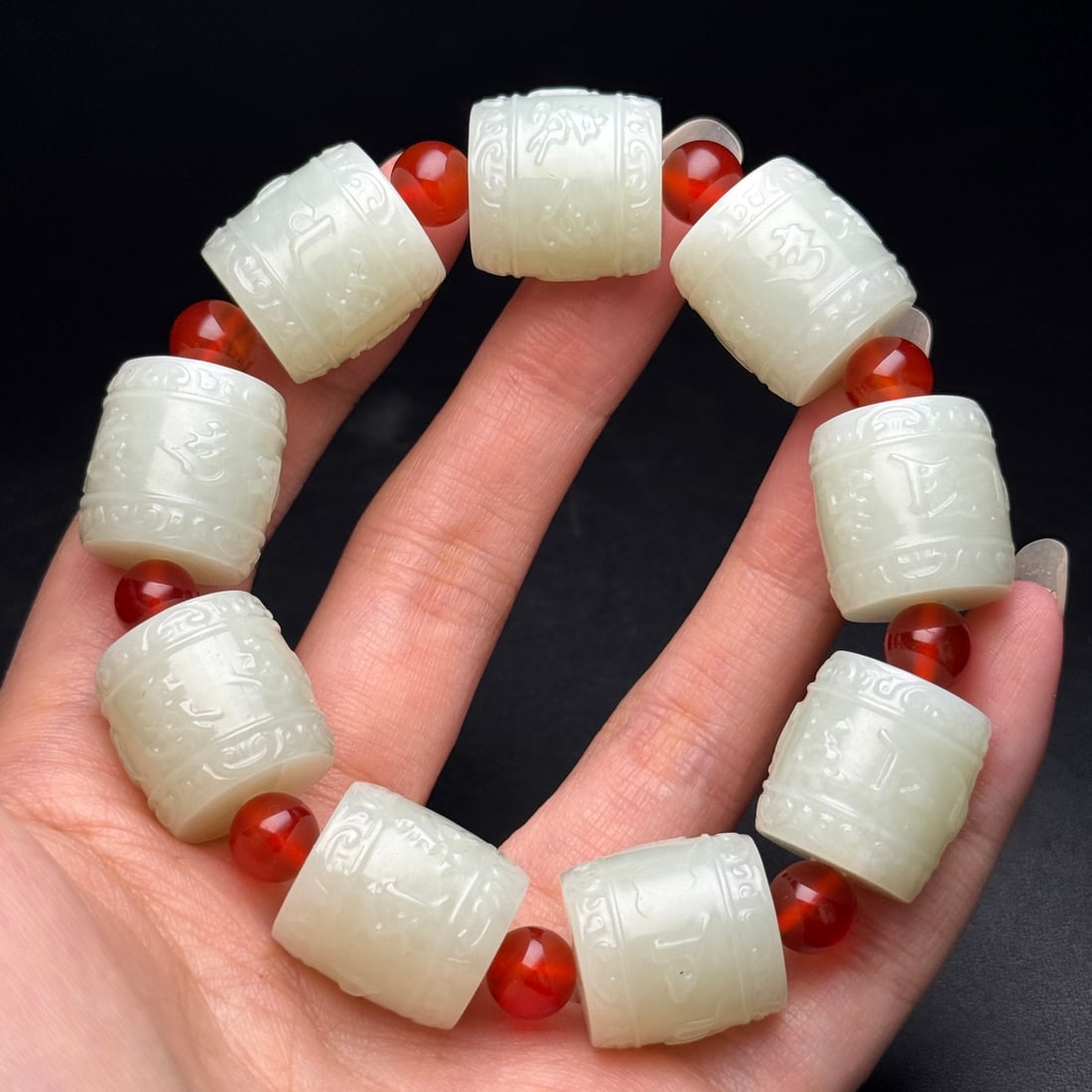 Old Hetian Jade & Red Agate Bracelet - 7