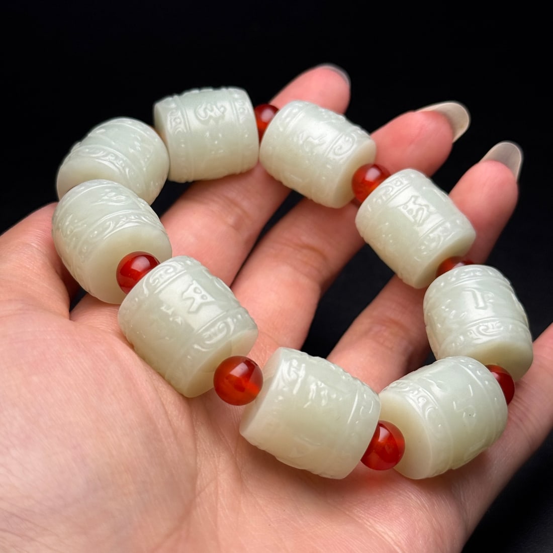 Old Hetian Jade & Red Agate Bracelet - 8