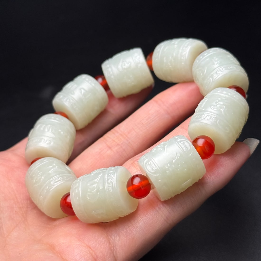 Old Hetian Jade & Red Agate Bracelet - 9