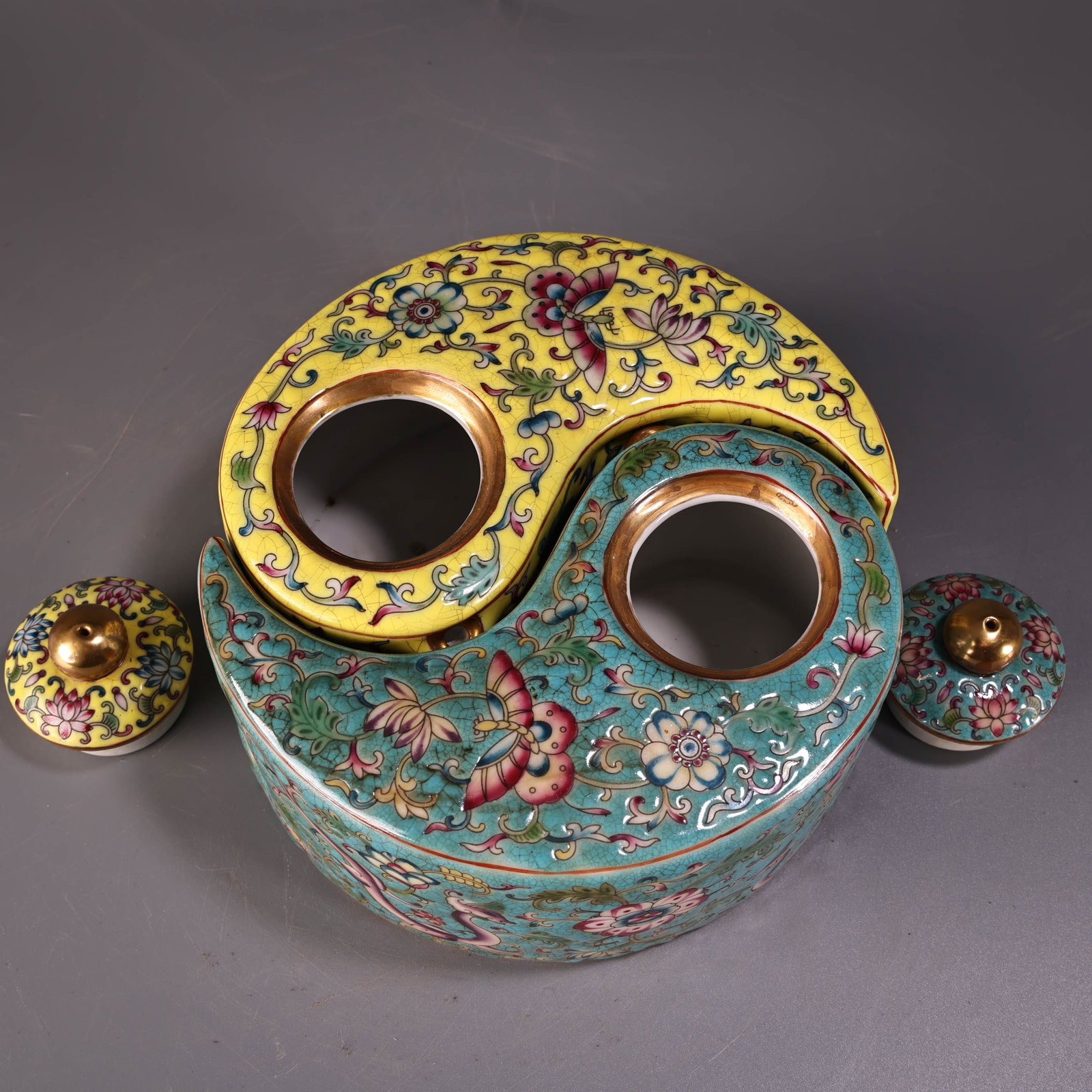 Old Gilt Gold Famille Rose Bagua Porcelain Pot - 3