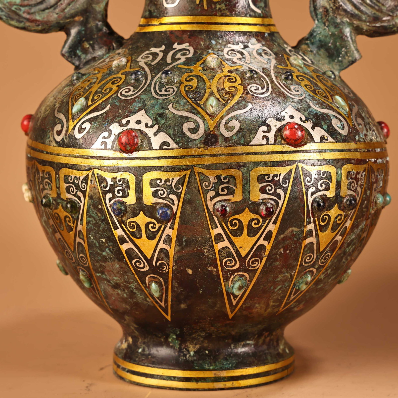Old Gilt Gold Bronze Double Ear Vase - 6