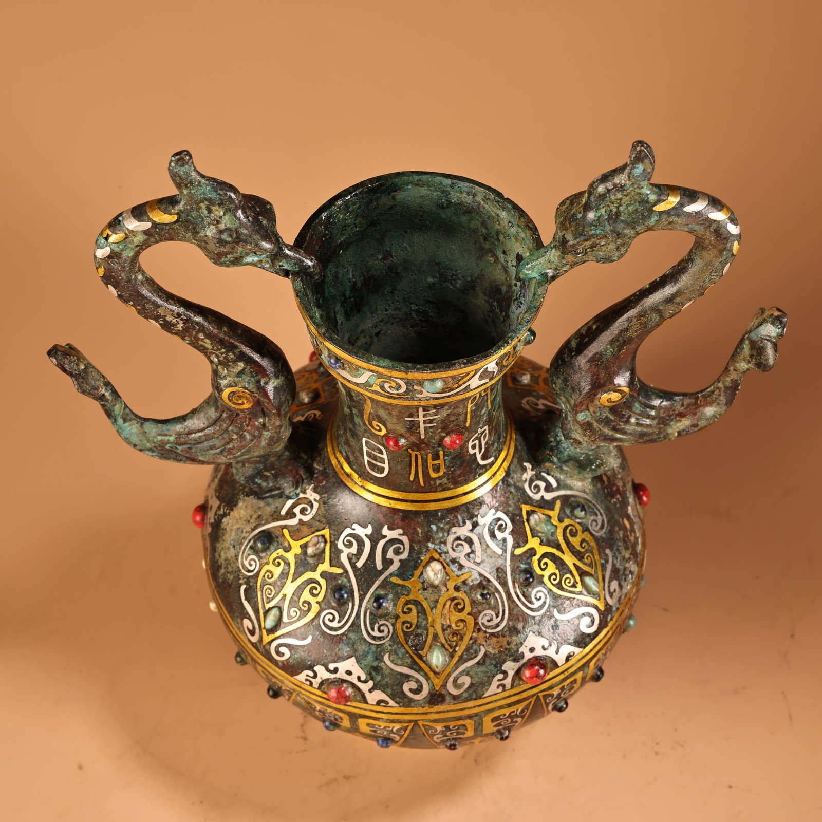 Old Gilt Gold Bronze Double Ear Vase - 7