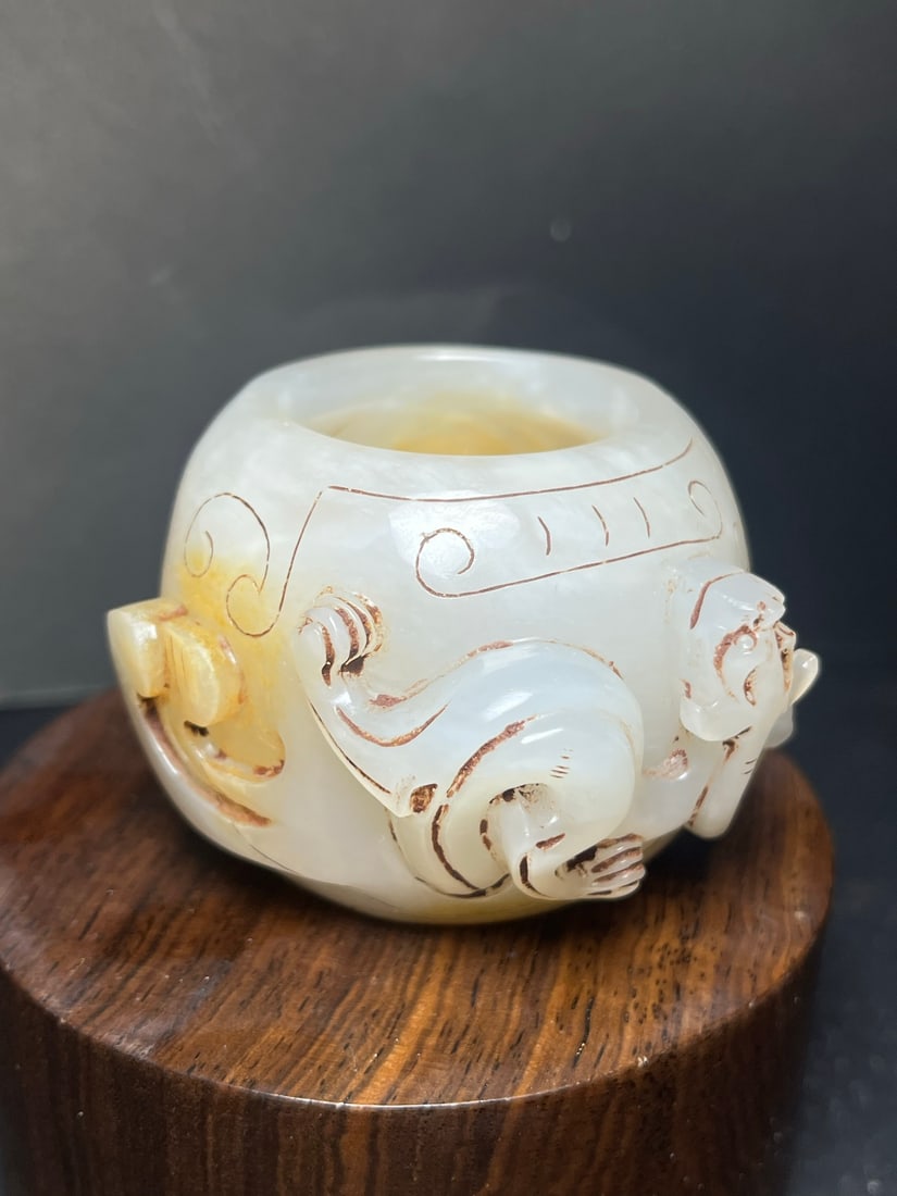 Old Hetian Jade Chi Dragon Brush Washer - 2
