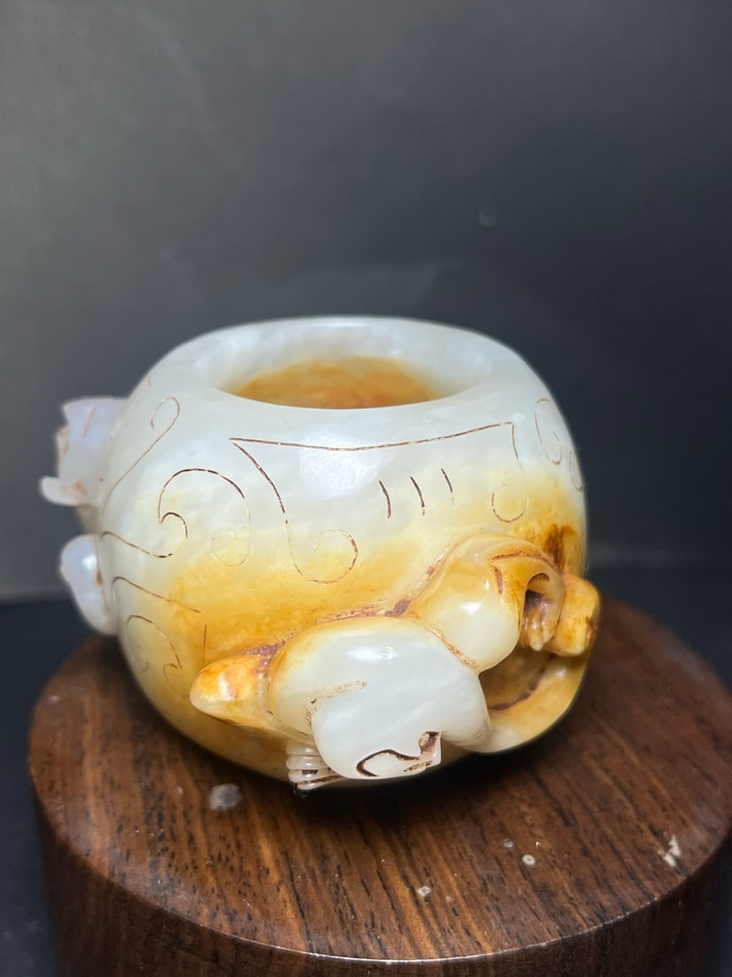 Old Hetian Jade Chi Dragon Brush Washer - 5