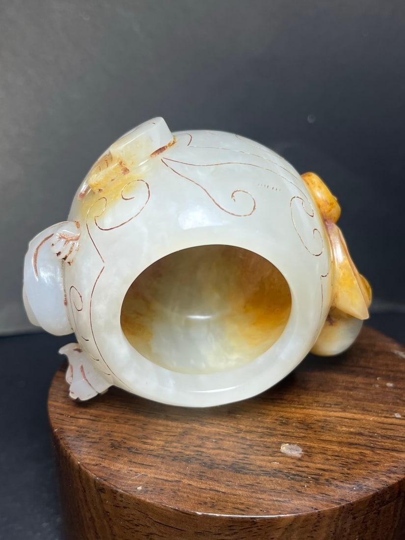 Old Hetian Jade Chi Dragon Brush Washer - 7