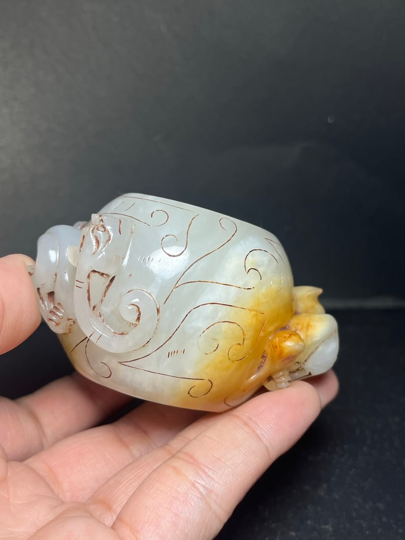 Old Hetian Jade Chi Dragon Brush Washer - 8