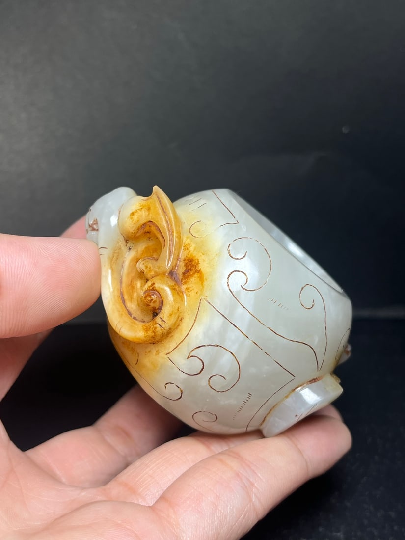 Old Hetian Jade Chi Dragon Brush Washer - 9