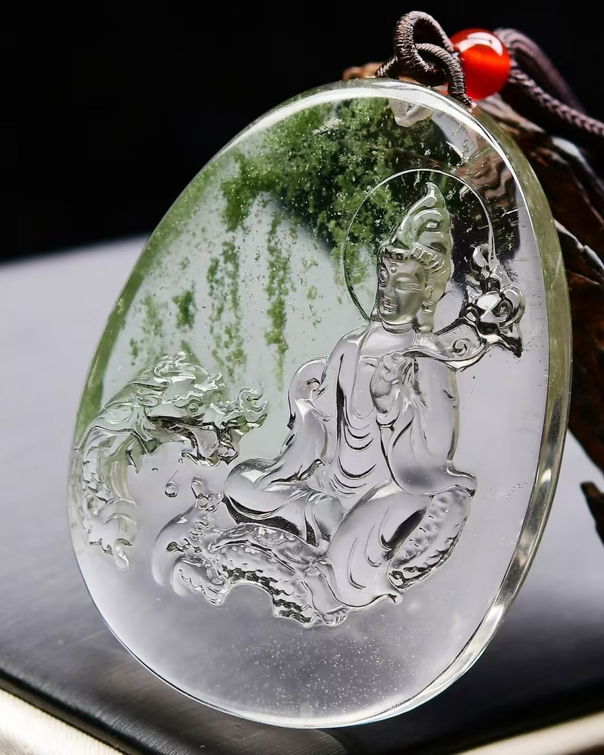 Green Crystal Carved Kwan-yin Dragon Pendant - 2