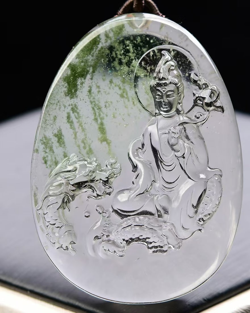 Green Crystal Carved Kwan-yin Dragon Pendant - 4