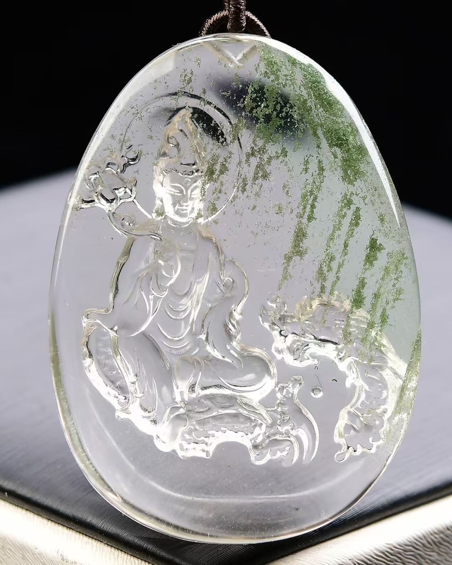 Green Crystal Carved Kwan-yin Dragon Pendant - 5