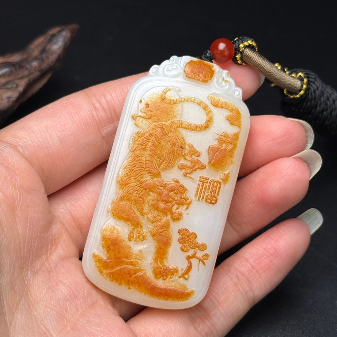 Natural Hetian Jade Hand Carved Tiger Pendant - 8