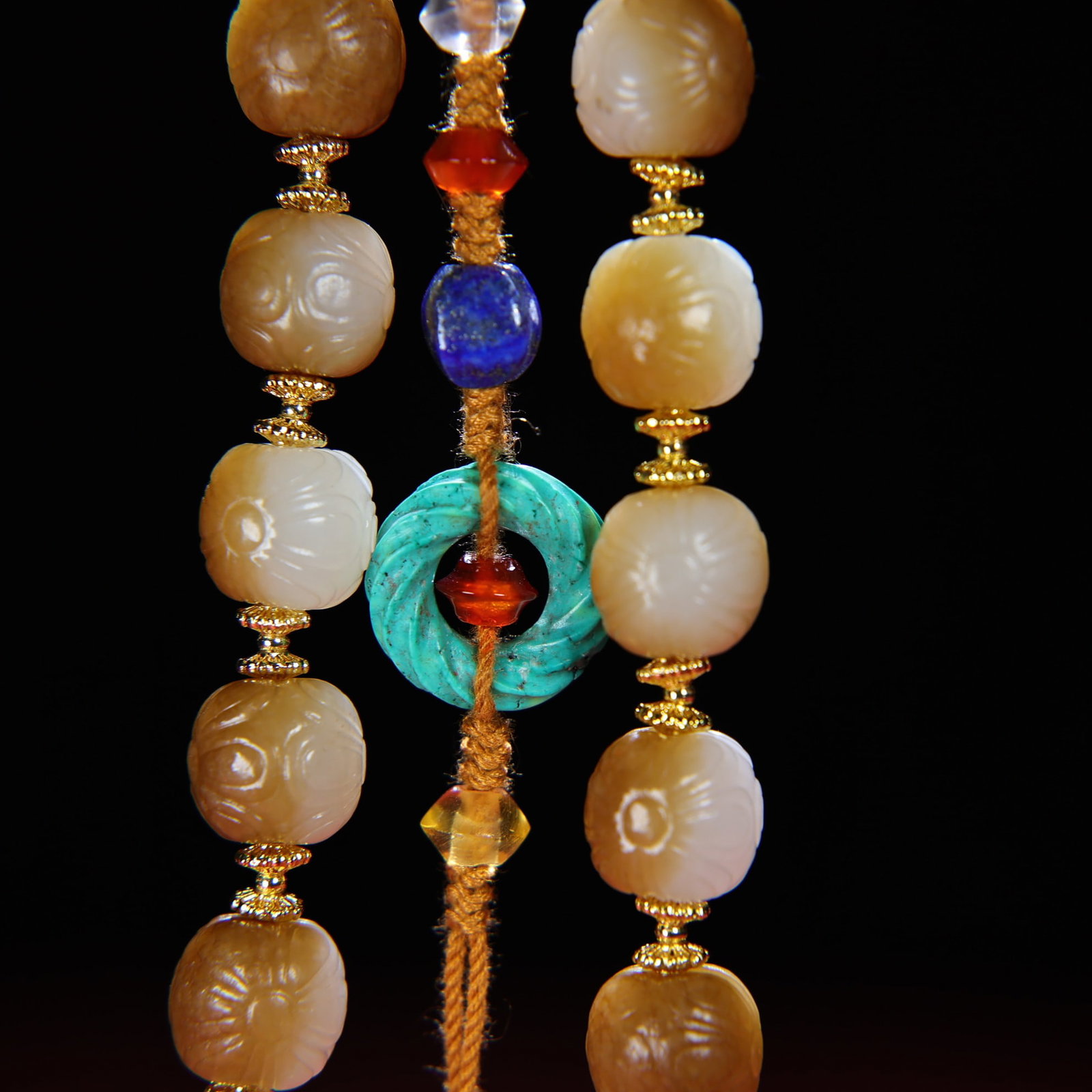 Old Chinese Hetian Jade,Lapis Lazuli,Turquoise Hand Chain - 7